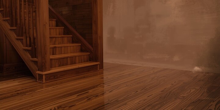Interior detail of varnished wood planks on staircase steps and floor in a brown toned house