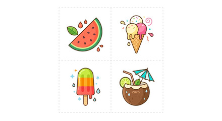 Fototapeta premium Summer treats set featuring watermelon ice cream and coconut drink