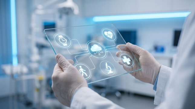 Doctor Using Cloud Based Digital Healthcare Dashboard with Smart Medical Interface