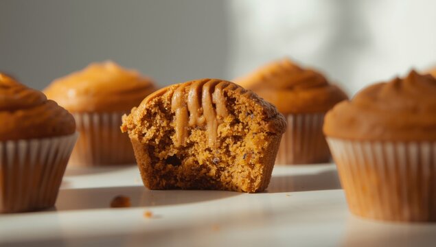 Sweet plant based vegetable cupcakes featuring pumpkin muffin halves captured in close selective focus