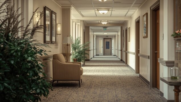 Tranquil corridor in nursing home featuring beige modern armchair decorative plants and empty copyspace