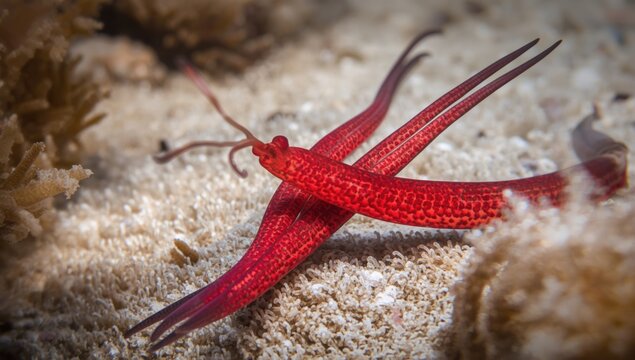 Underwater macro image featuring two red Amphinomidae family fireworms on seabed