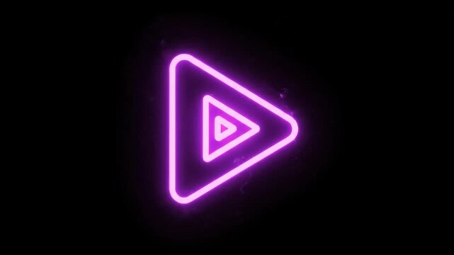 Glowing purple neon play symbol with concentric shapes, set on black