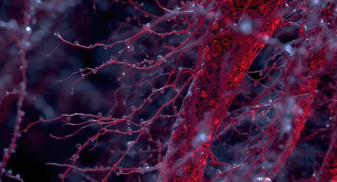 Microscopic view of blood vessels with dense pigment cells containing large melanin granules in choroid stroma