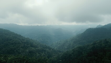 Obraz premium Mist-covered mountain valleys under a cloudy sky