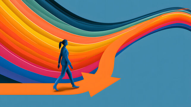 A business leader strides through a vibrant business scene, depicted by an orange arrow. The imagery conveys themes of female empowerment, career guidance, personal assurance, strategic advancement, a