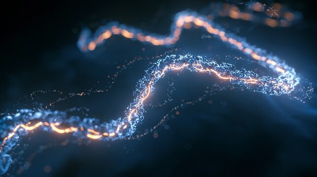 Glowing RNA strands weave around chaperone proteins inside a luminous cellular environment, with particle trails and soft gradients. Centered macro composition, calm precise mood, cool blue lab