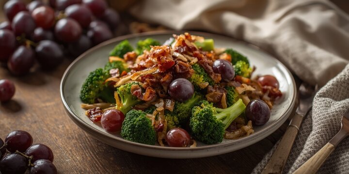 Savory green broccoli salad with grapes onions and bacon made fresh from scratch