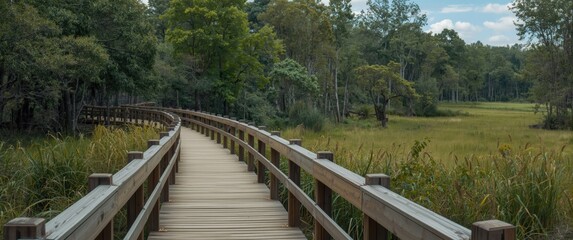 Fototapeta premium Wildlife sanctuary featuring a tranquil wooden boardwalk with natural views
