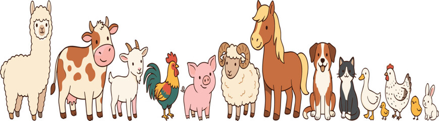 Obraz premium Cute farm animal vector illustration set with horse cow alpaca pig dog cat sheep and chicken for kids design