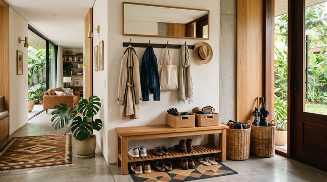 Modern entryway with wooden bench shoe rack coat rack mirror and plant