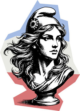 Symbolic profile of marianne wearing phrygian cap on national colors background with marianne republic phrygian bastille illustration allegory national patriotic engraving