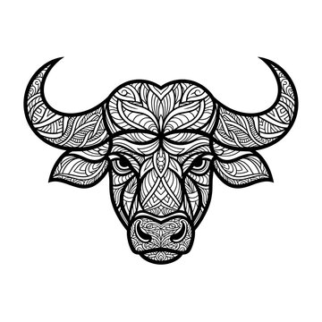 Intricate mandala buffalo head design with tribal patterns