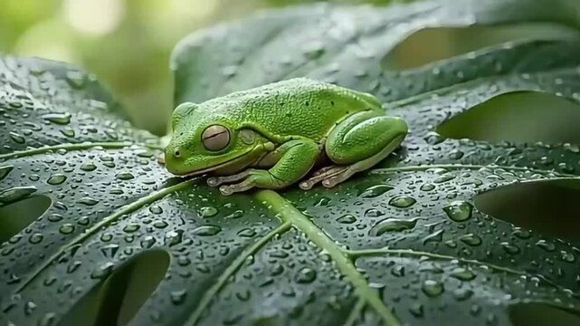 A small green frog sleeping peacefully on a wet leaf outdoors