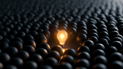 Fototapeta premium A glowing light bulb among dark spheres.