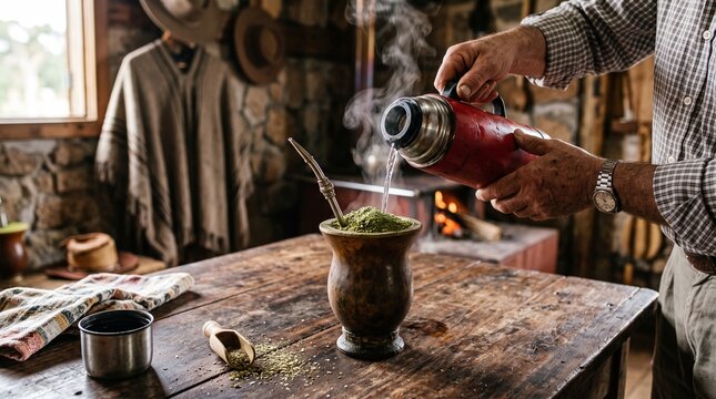 Man preparing traditional yerba mate drink pouring hot water from a thermos into a gourd with a bombilla