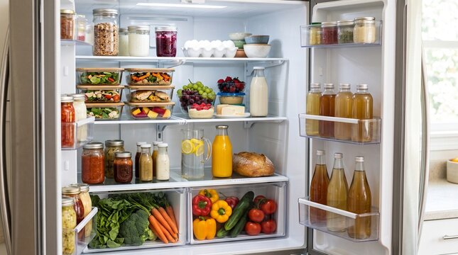Organized Refrigerator Interior Filled With Fresh Food And Drinks