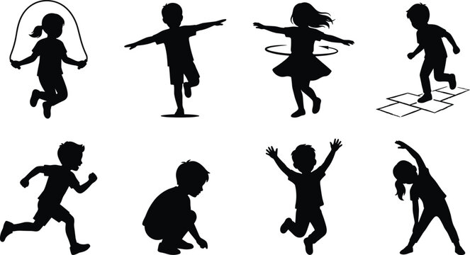 Set of active children silhouettes playing games skipping rope running jumping and exercising outdoor activities