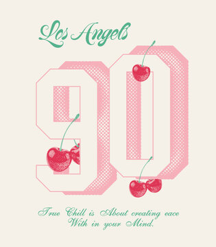 Retro Los Angeles '90 Cherry Graphic Design. Vintage Los Angeles 90 Cherry Graphic, Retro T-Shirt Design with Halftone Varsity Numbers and Pastel Aesthetic.  