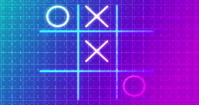 4K Glowing animated Tic Tac Toe Game Icon on a grid background. Neon Tic Tac Toe X-O game icon on a grid background for banners, business workflows, and digital backdrops. Easy to use in any video.