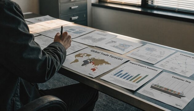 Analyst Reviewing Global Trade Data Sheets on a Conference Table