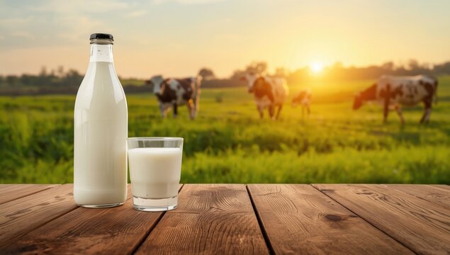Milk bottle and glass on wooden table with grazing cows in background