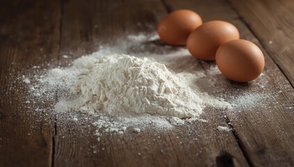 Fototapeta premium Flour and eggs on a wooden table surface