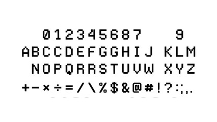 Obraz premium Digital Display of Alphanumeric Characters and Symbols in a Pixelated Font Featuring Typeface, Text, Numbers with Letters