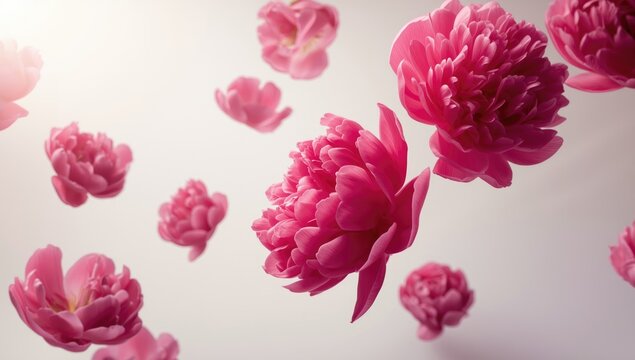 Vivid pink peony blossoms drifting gently above a sleek white background