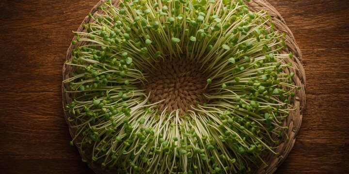 Top view of sunflower sprouts and alfalfa microgreens arranged for vegan healthy diet concept