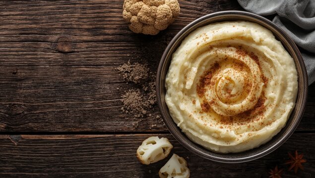 Creamy mashed cauliflower topped with spices in a bowl