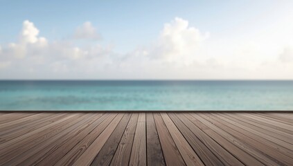 Fototapeta premium Outdoor tropical deck with wooden flooring and softly blurred sea under a relaxing sky