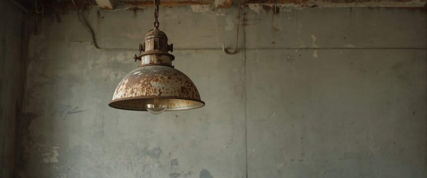 Vintage hanging lamp in a worn room with peeling paint