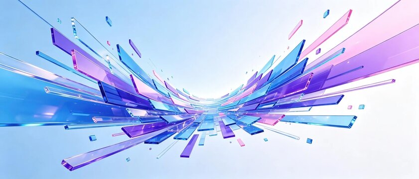 Symmetrical converging tunnel made of transparent blue purple and pink rectangular glass blocks on soft light white background creates dynamic modern abstract futuristic tech decorative art for clean 