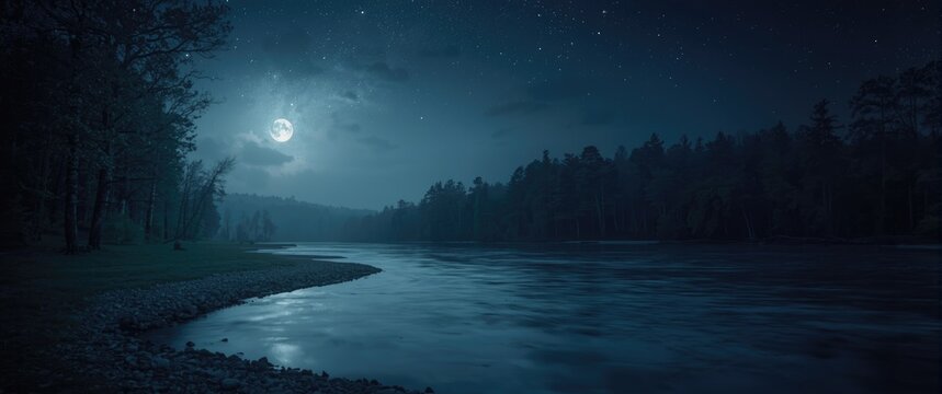 Quiet night with moonlight illuminating a gently moving river in a serene outdoor scene