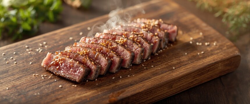 Whole and sliced tuna tataki steak with a sesame spice coating on retro wooden board