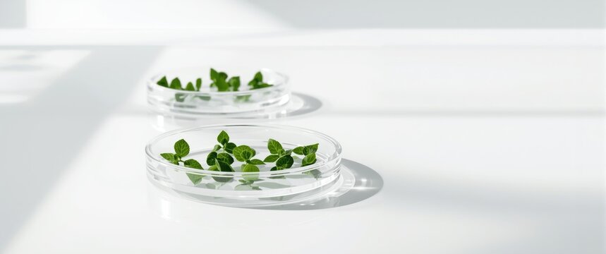 Natural skincare ingredient gotu kola shown in glass petri dishes arranged on white laboratory table