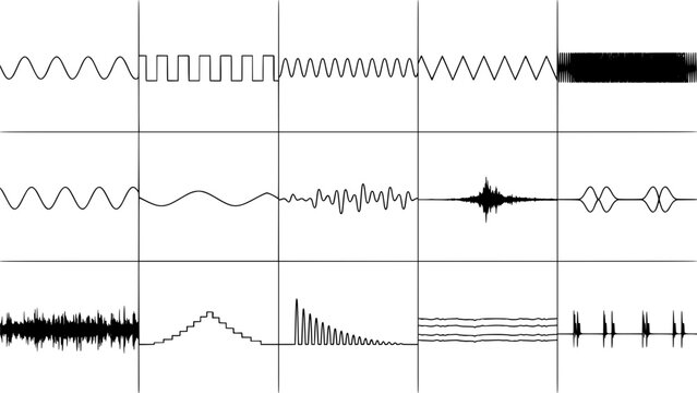 Sound Wave Patterns Arranged in a Grid with Distinct Variations and Styles Featuring Pattern, Audio, Frequency with Amplitude