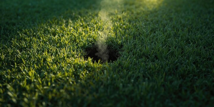 Illustration showing radon leakage through a crack on a lush green lawn surface