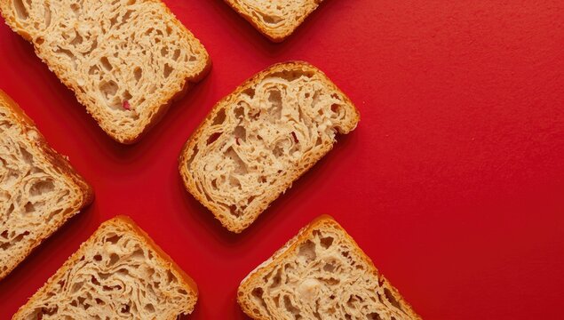 Sliced bread pieces arranged on a red background