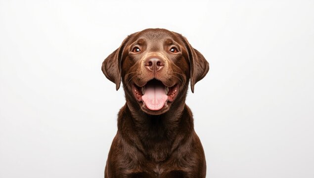 Happy chocolate Labrador retriever with mouth open