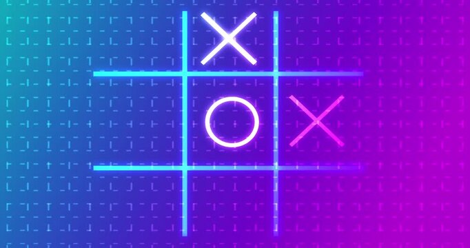 4K Neon Tic Tac Toe X-O game icon on a grid background for banners, business workflows, and digital backdrops.4K Glowing animated Tic Tac Toe Game Icon on a grid background.Easy to use in any video.