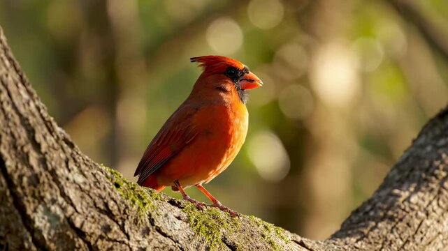 Watch a cardinal perched on a tree branch in the early morning light