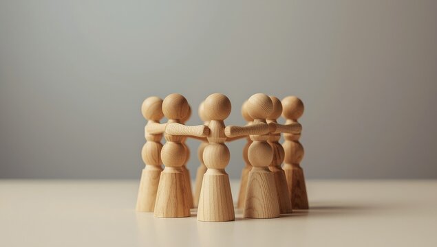 Wooden figurines embodying cooperative leadership and team unity in a workplace