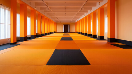Obraz premium A long corridor with orange walls and black and orange flooring creates a striking minimalist design
