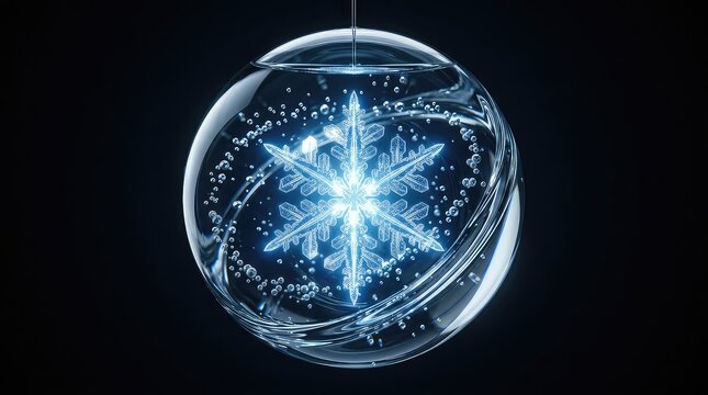 Transparent luxury orb enclosing a glowing crystalline snowflake suspended in liquid, reflective bubbles orbiting gracefully