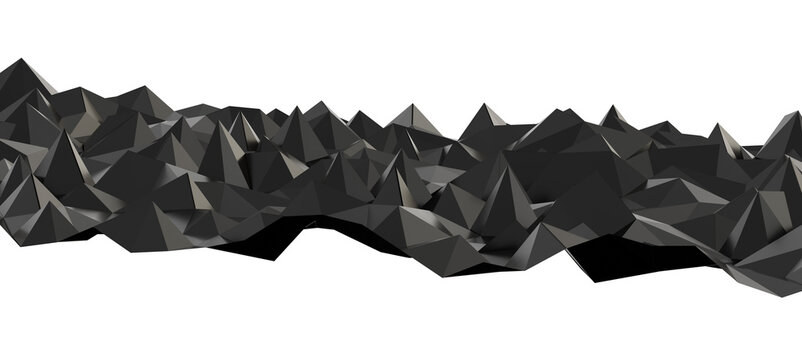Stylized dark low poly mountains create a dramatic abstract background. This geometric terrain has s