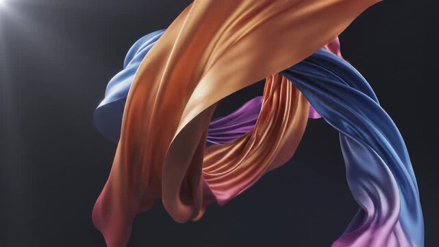 Dynamic movements of colorful fabrics in swirling patterns on a dark background