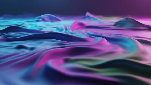 Colorful waves move in smooth patterns in a digital landscape in the dark