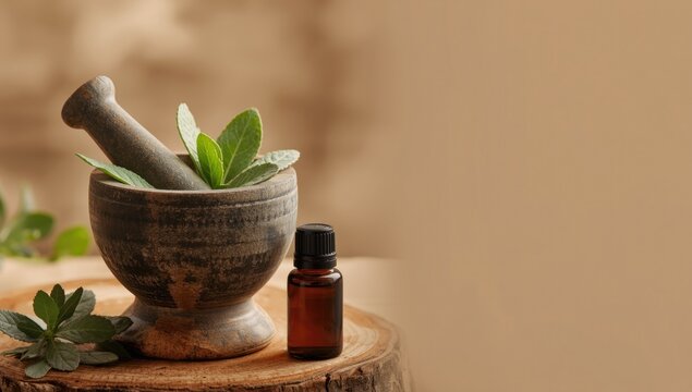 Organic spa concept using mortar and pestle with eucalyptus ingredients